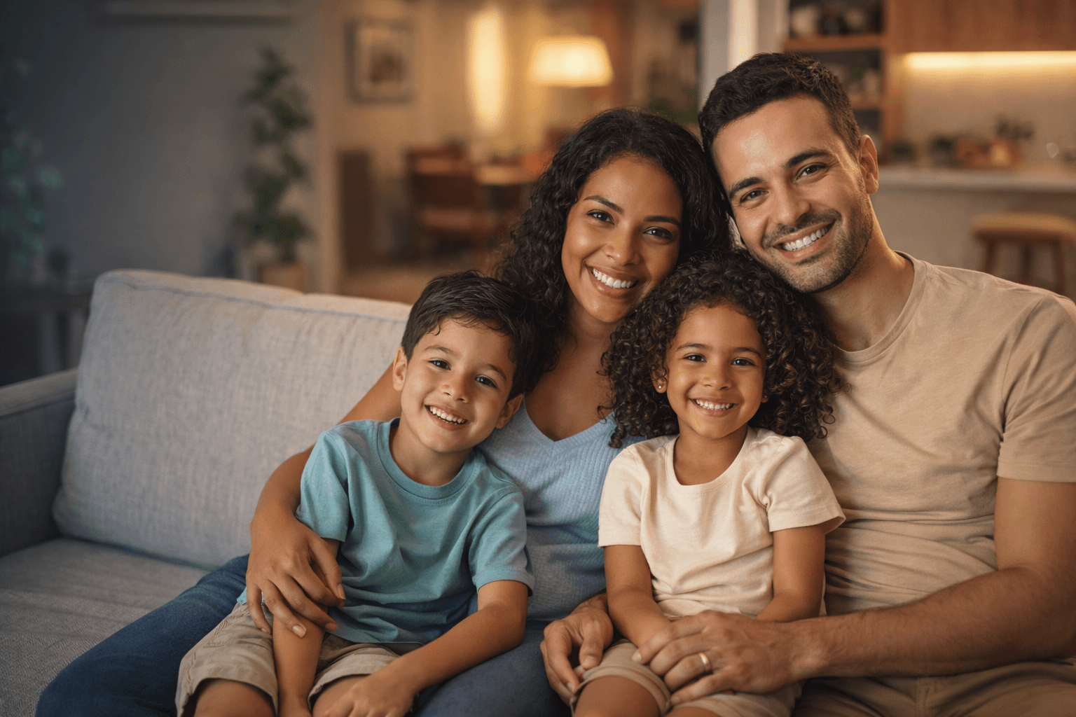 Família feliz e unida protegida por um plano de saúde adequado